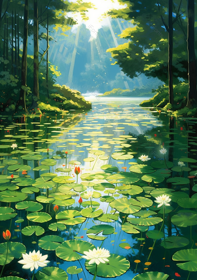 夏日阳光透过树木照在盛开的荷花塘里插画,插画/手绘图,插画/手绘图库,插画/手绘图下载,插画/手绘
